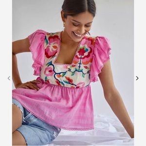 ANTHROPOLOGIE PLENTY by TRACY REESE Pink Floral Ruffle Embroidered Babydoll Top